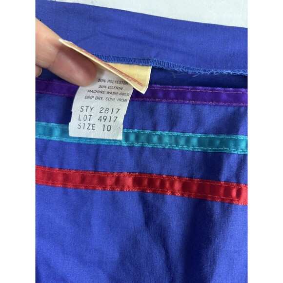 Vintage 70s Prairie Dress Kids Girls Sz 10 cottagecore Folk Blue Novelty Ribbon - Picture 4 of 16